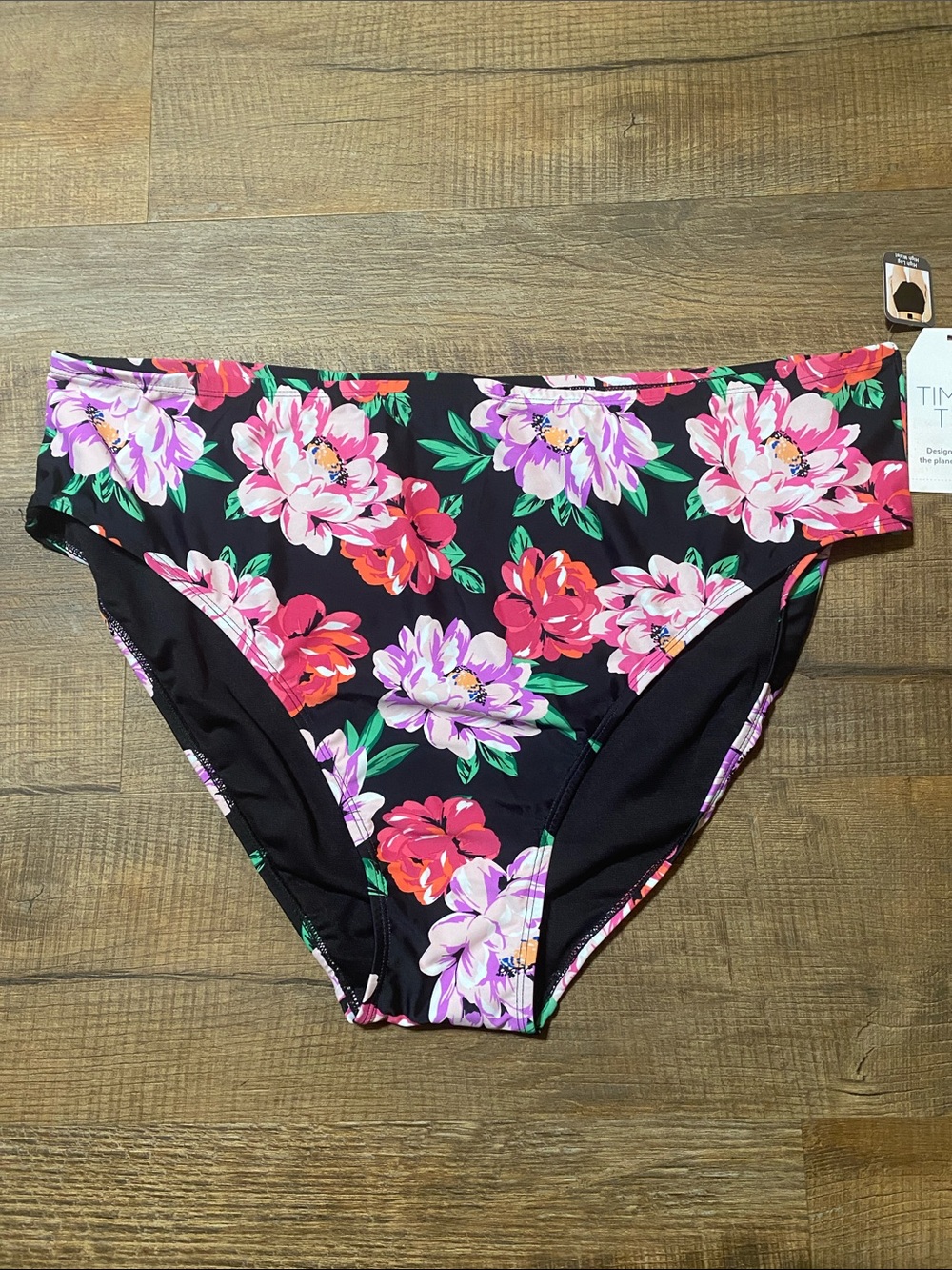Time & Tru Fashion Swim Bottom 2X Garden Bloom Black Floral High Leg/Waist